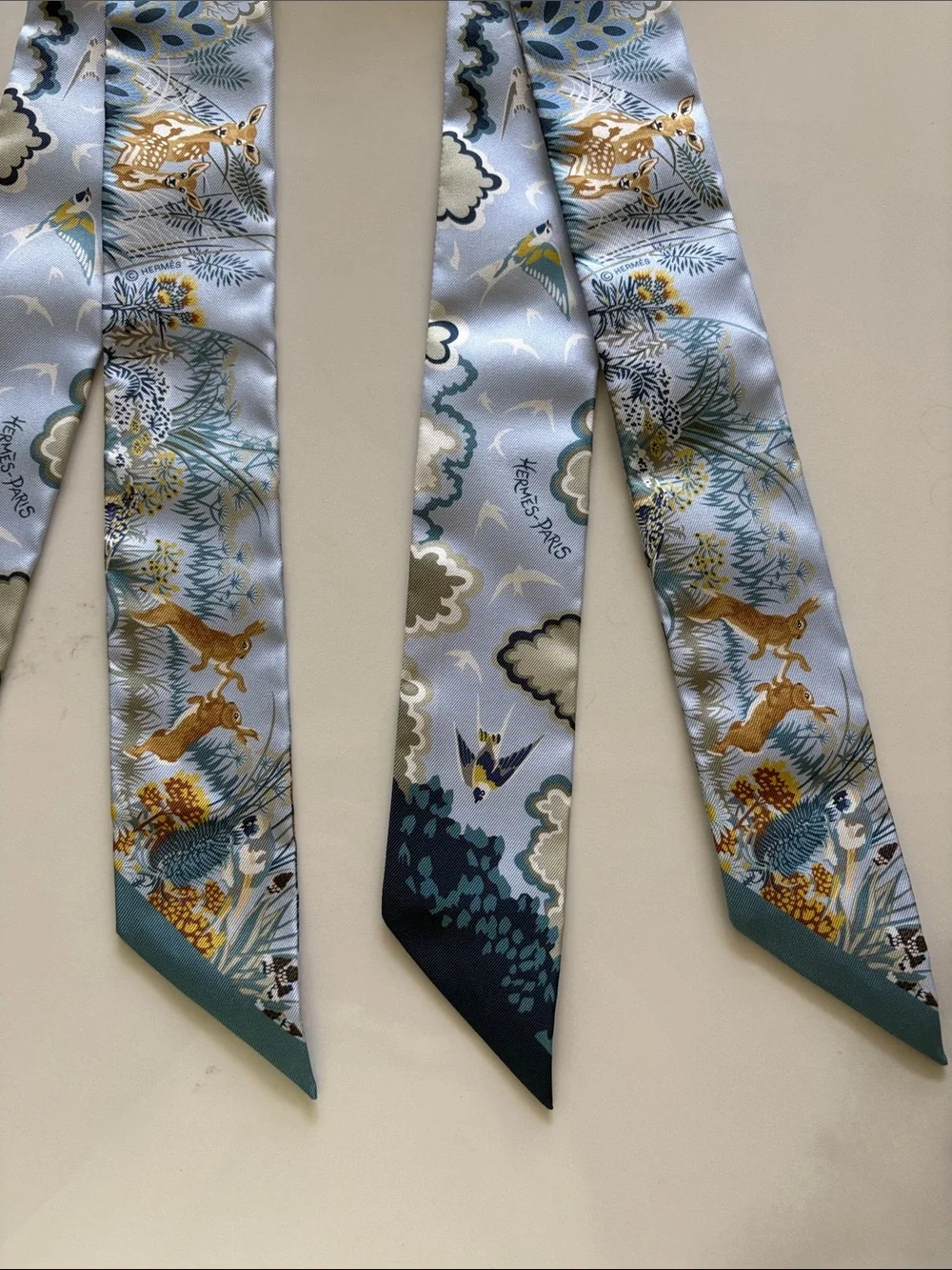 Hermes Blue, Gold & Teal Silk Twilly Scarf Pair